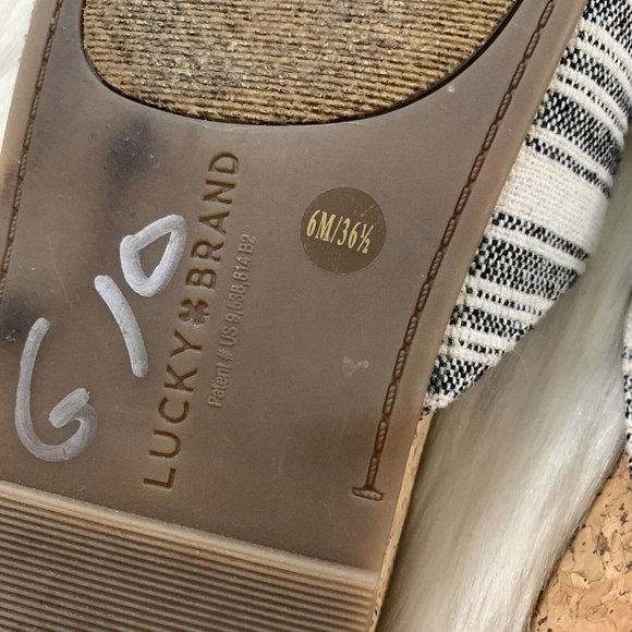 Lucky Brand Size 6 M Black Stripe Fabric Bow Cork Floritan Slip On Sandal Flats - Picture 9 of 9